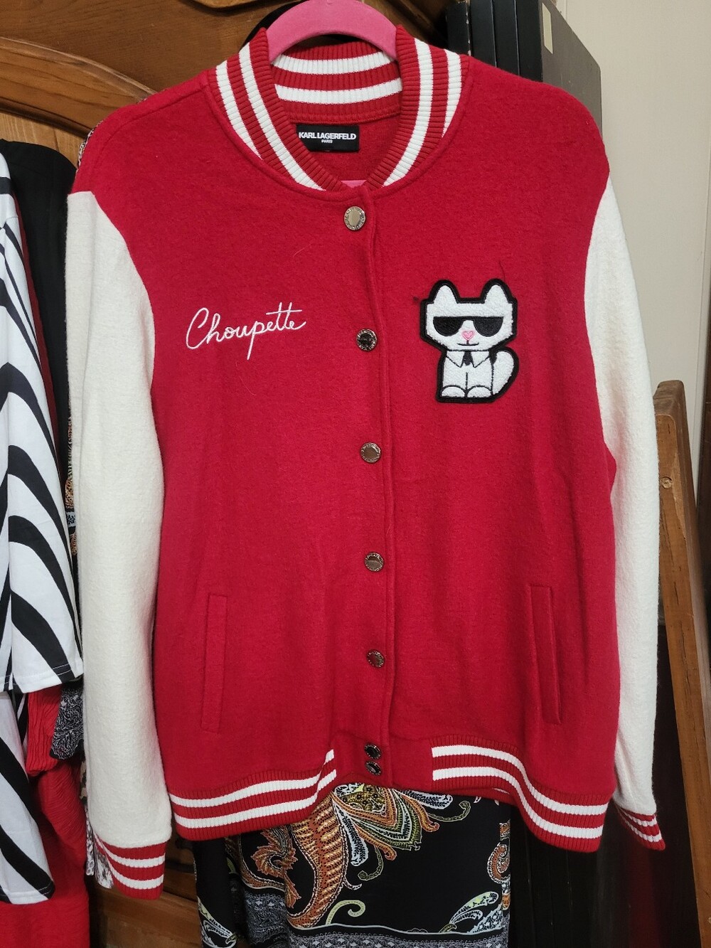 Karl Lagerfeld Red & White Choupette Varsity Jacket